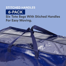 이미지를 갤러리 뷰어에 로드 , Heavy Duty Moving Bags 29.1&quot; X 14.2&quot; X 13&quot;, Pack of 6 - Extra Large | Blue Plastic Moving Totes Suitable for Packing Clothes, College Dorms, or Used as a Water-Resistant Storage Tote
